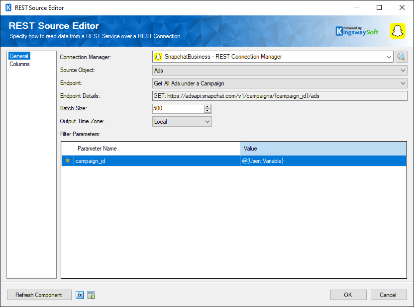 SSIS Snapchat Business Source component